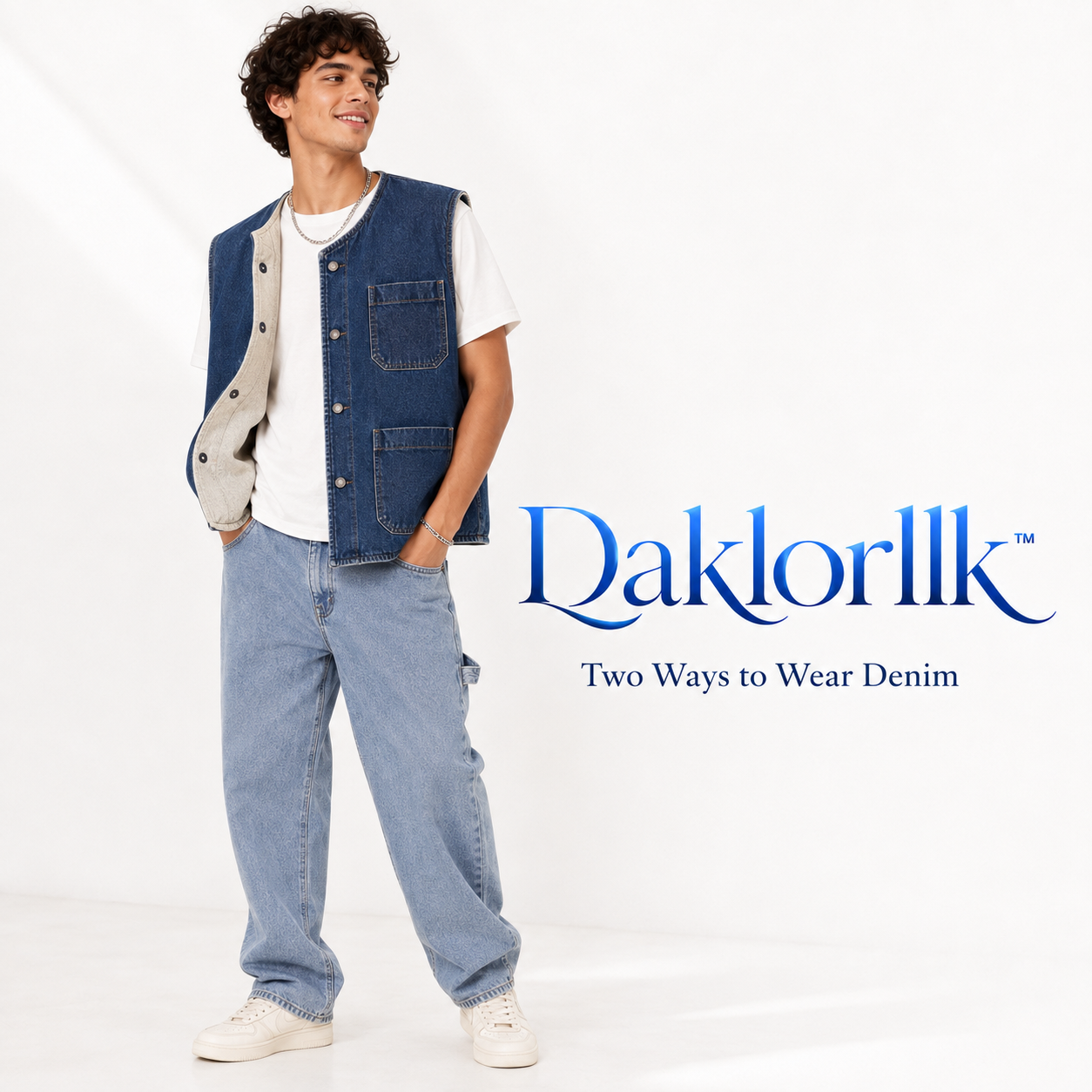 Daklorllk™ Unisex Reversible Denim Chore Vest – Two-Sided Utility Vest, Layered Streetwear Denim, Multi-Pocket Jean Gilet