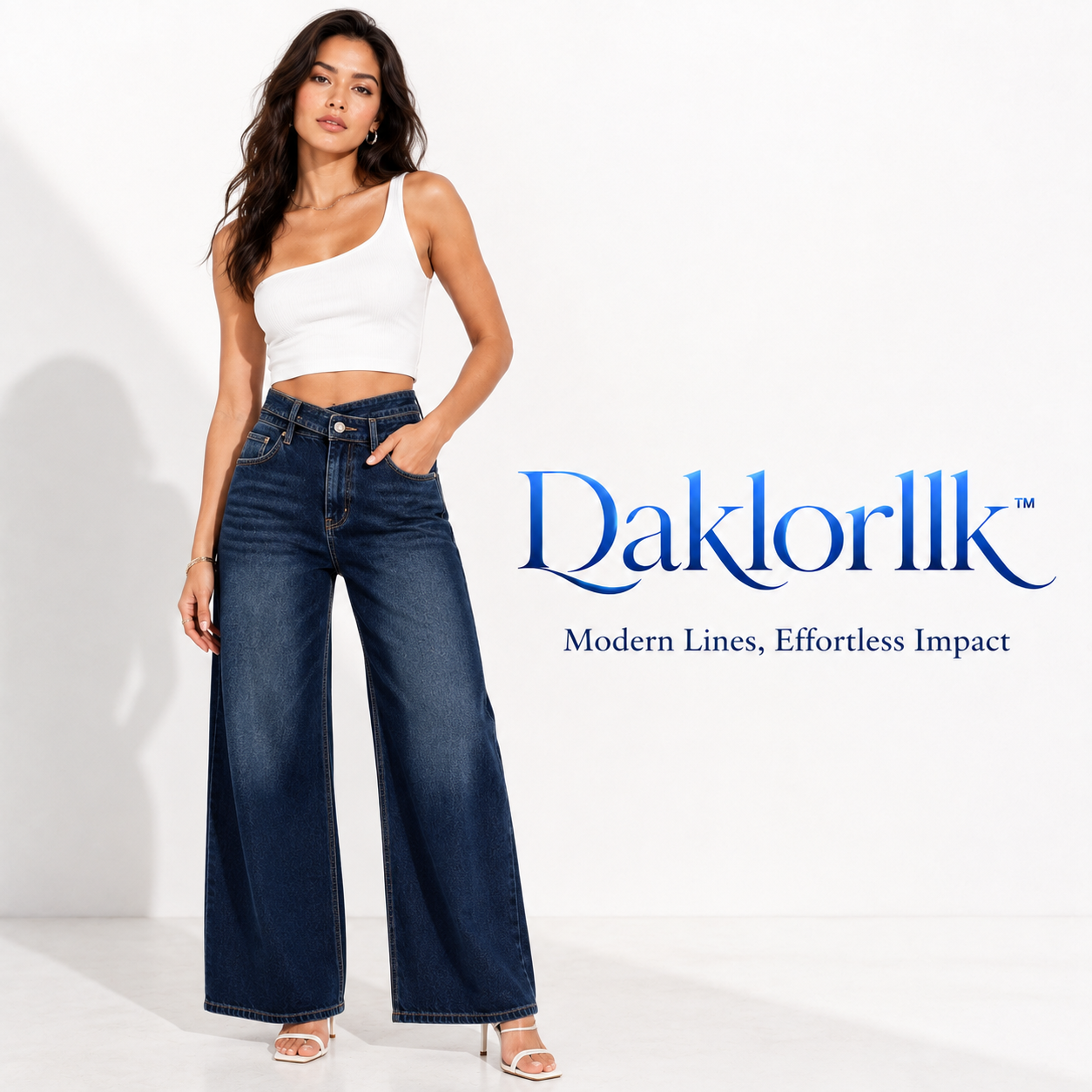 Daklorllk™ Women's Asymmetric-Waist Wide-Leg Jeans – High-Waisted Fashion Denim, Draped Wide-Leg Pants, Dark Indigo Jeans