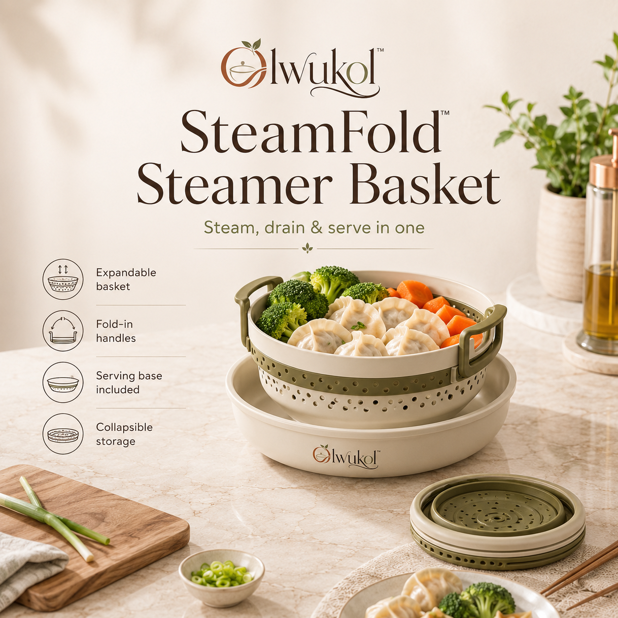 Olwukol™ SteamFold Collapsible Vegetable Steamer Basket with Lifting Handles, Serving Base, Dumpling Insert & Food Strainer