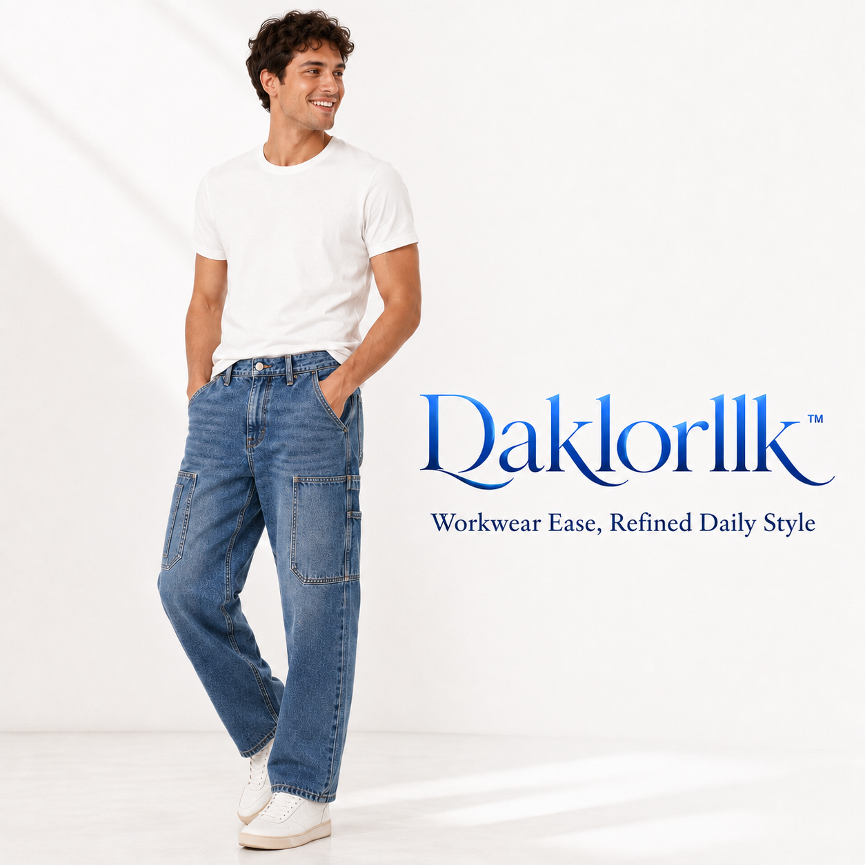Daklorllk™ Men's Utility-Pocket Relaxed Straight Jeans – Workwear Denim Pants, Loose-Fit Carpenter Jeans, Mid-Wash Blue