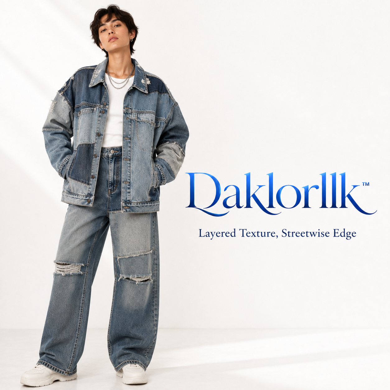 Daklorllk™ Unisex Patchwork Oversized Denim Jacket – Mixed-Wash Jean Jacket, Relaxed Streetwear Outerwear, Gender-Neutral Denim