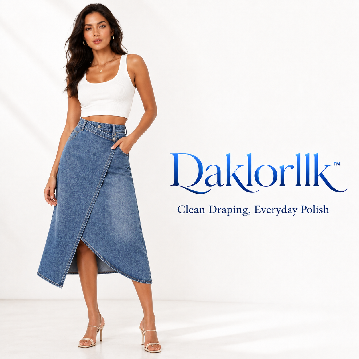 Daklorllk™ Women's Wrap-Front Denim Midi Skirt – Asymmetric Jean Skirt, High-Waisted A-Line Denim, Modern Casual Skirt