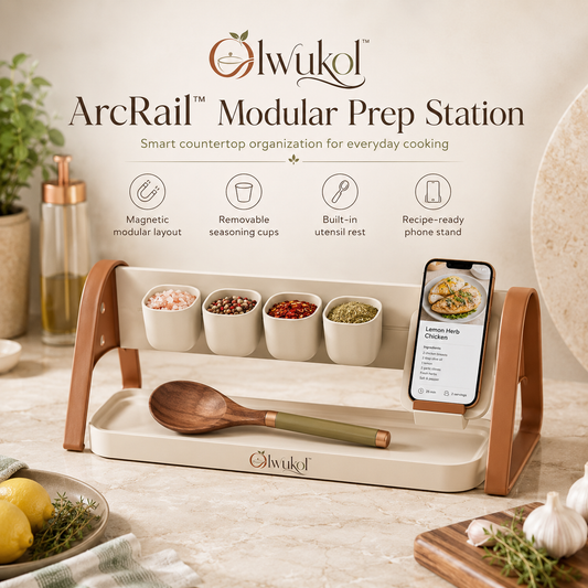 Olwukol™ ArcRail Modular Magnetic Countertop Prep Station with Seasoning Cups, Utensil Rest, Recipe Phone Holder & Kitchen Organizer