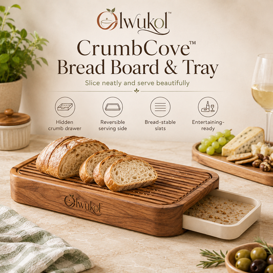 Olwukol™ CrumbCove Reversible Bread Cutting Board with Hidden Crumb Drawer, Wooden Slicer, Charcuterie & Serving Tray