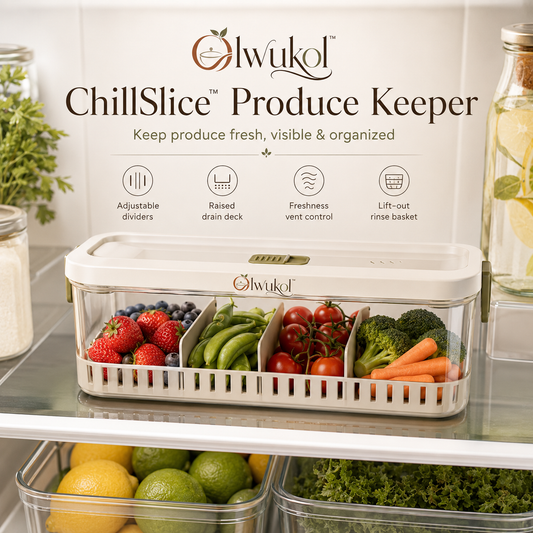 Olwukol™ ChillSlice Adjustable Refrigerator Produce Keeper with Ventilation, Drain Tray, Rinse Basket & Herb Saver