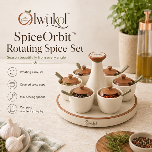 Olwukol™ SpiceOrbit Rotating Spice Pinch Bowl Set with Covered Cups, Mini Spoons, Lazy Susan Condiment Organizer & Salt Cellar